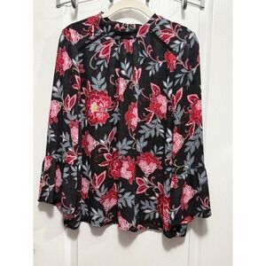 LOFT Black Floral Print Mock Neck‎ Ruffle Sleeve Top Women's Medium